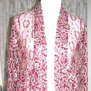 CREAM FLORAL LACE on WINE TULLE Polyester Spandex OPEN JACKET Size S - M NWOT